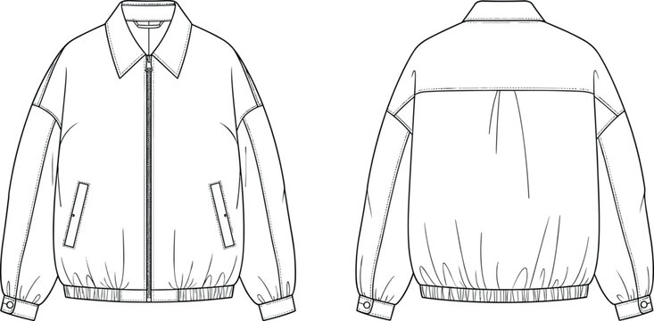 Men bomber jacket technical fashion illustration, front and back view, zip up casual outerwear garment flat sketch vector