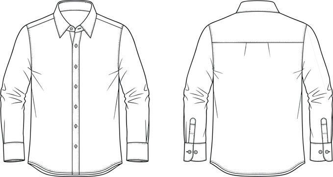 Men classic long sleeve shirt technical fashion illustration, front and back view, button down formal garment flat sketch vector