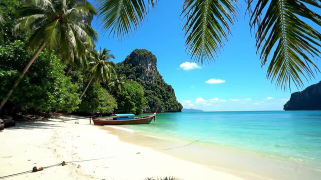 Tropical island beach with palm trees, boats, turquoise water, and karst cliffs