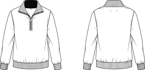 Men half zip sweater technical illustration, front and back view, long sleeve knit pullover fashion apparel line drawing isolated on white background © Hello World