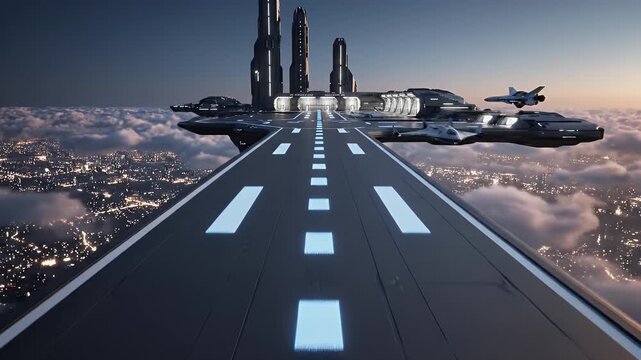 Futuristic landing strip with glowing lights and advanced vehicle