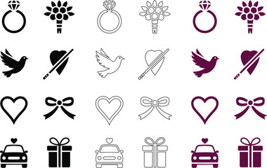 Wedding and celebration in black and purple including rings, flowers, and doves