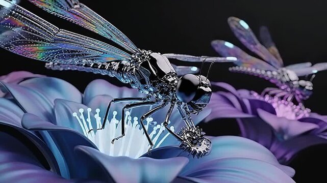 Iridescent dragonflies perched on blue and purple flowers.