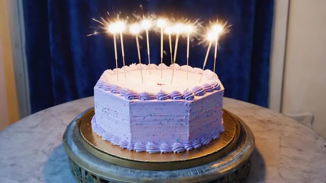 Celebrating a birthday with a purple cake and sparklers lit on top in a cozy setting