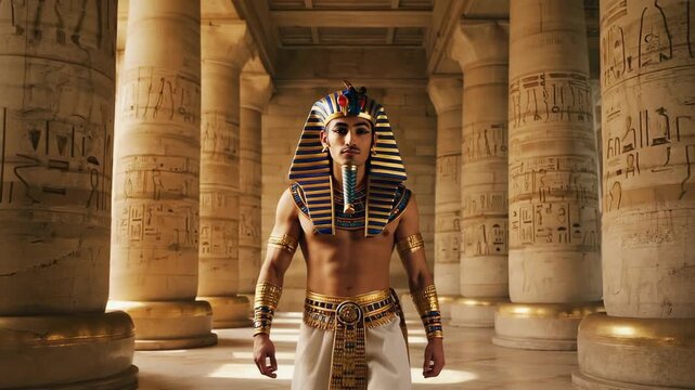 Man dressed as pharaoh poses in ancient Egyptian temple with hieroglyphs on the walls and tall columns in daytime