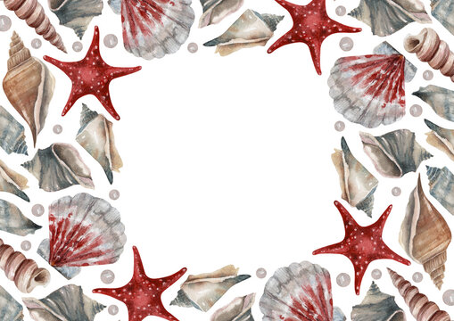 Watercolor marine frame with shells, red starfish and pearls on white background. Decorative border with copy space for invitations, party cards and coastal event designs.