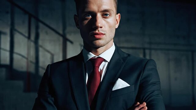 Confident businessman in a dark suit with arms crossed, embodying professional success and ambition in a modern corporate setting