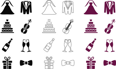 Wedding ceremony in black and purple featuring attire, cake, music, and drinks