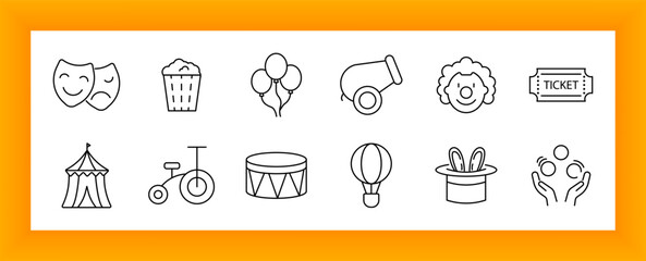 Circus set icon. Theater masks, popcorn, balloons, cannon, clown, ticket, tent, unicycle, drum, balloon ride, magician hat, juggling icons illustrating performance and entertainment. © Anastasia