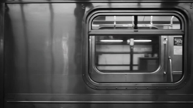 Close-up black and white shot of a train window, highlighting the metallic exterior and reflecting the interior details