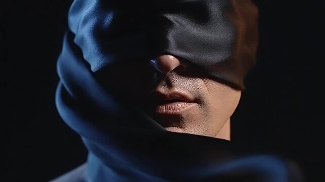 Mysterious man with face partially covered by cloth in dark setting.