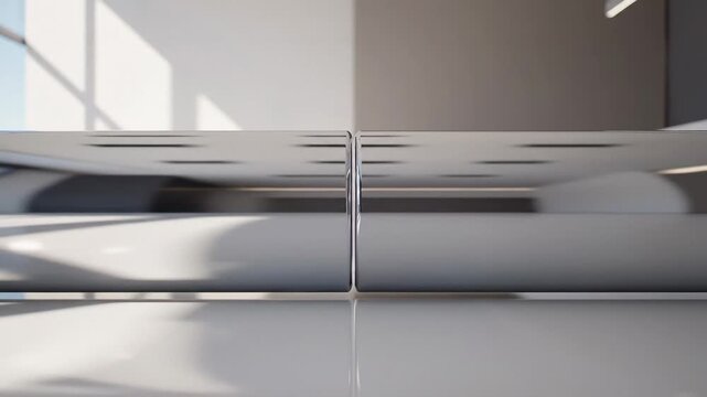 Minimalist 3D animation of two metallic cylinders meeting to symbolize a professional handshake, business agreement, and the formation of a trusted corporate partnership in a modern lobby.