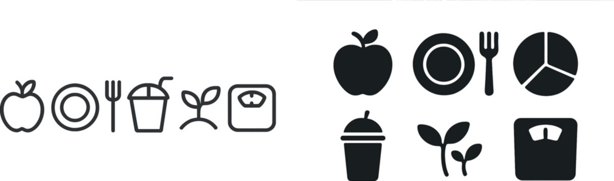 A collection of simple line icons illustrating healthy eating concepts, including fruits, plates, drinks, plants, and a scale, promoting mindful food choices and nutrition.