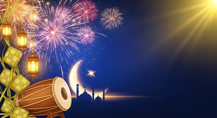 A festive nighttime scene with fireworks, lanterns, and a drum against a dark blue background with a mosque silhouette, crescent moon, and star, celebrating eid al-fitr or ramadan ramadhan