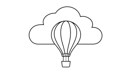 A black and white line drawing of a hot air balloon partially hidden behind a cloud