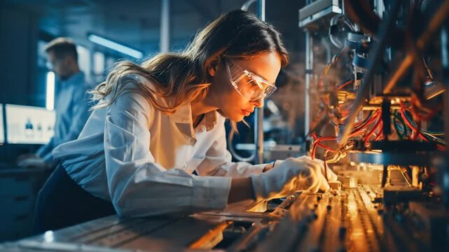 Female engineer meticulously working on intricate electronic circuitry in a high-tech laboratory setting