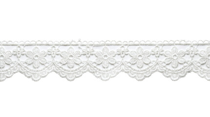 A horizontal white embroidered lace trim with scalloped floral edging, on a transparent background...