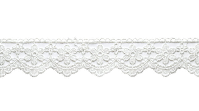 A horizontal white embroidered lace trim with scalloped floral edging, on a transparent background for borders, invitations, textiles, and decorative layouts.