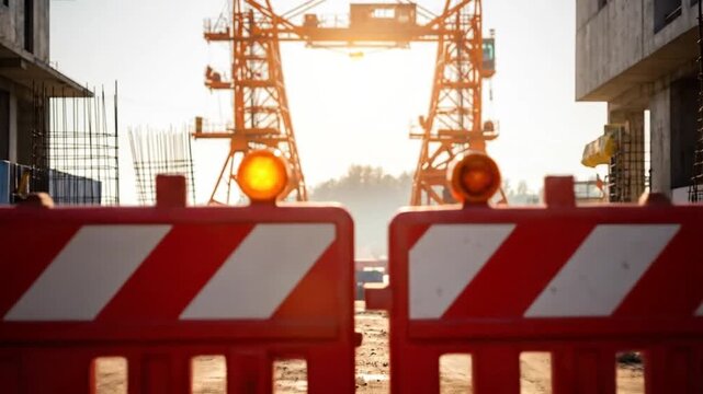 Construction site barrier with warning lights and large industrial crane in background at sunrise