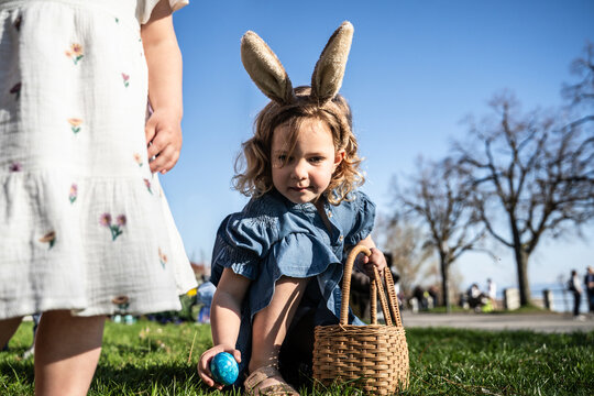 Easter egg hunt with family in springtime
