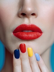 Naklejka premium A woman with a red and yellow lip color. She is holding her hand up to her face
