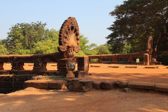ancient khmer bridge (spean praptos) in the siem reap province in cambodia