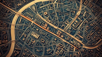Obraz premium Detailed abstract urban plan blueprint showing complex city infrastructure with winding roads, buildings, and a central river from an aerial perspective.