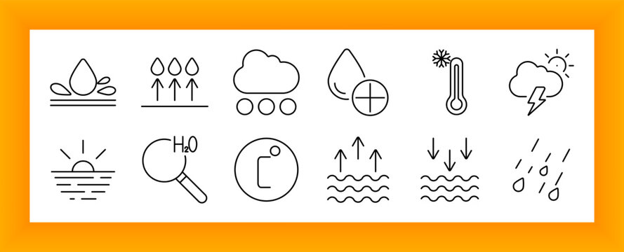 Weather and water set icon. Water droplets, evaporation, rainfall, storm, sunrise, magnifier with H2O, thermometer, clouds, and up-down arrows drawn in thin line environmental style.