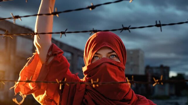 Woman in Red Veil and Headscarf Defiantly Looks Over Barbed Wire Fence