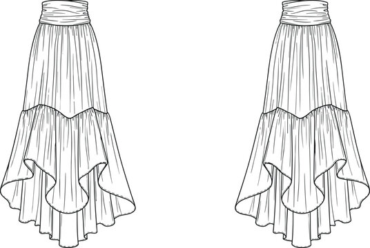 Tiered ruffle maxi skirt technical fashion flat sketch front and back view womenswear flowing apparel illustration vector outline