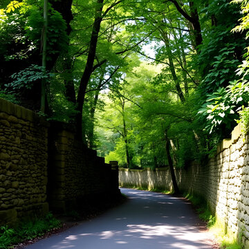 Rustic dry stone walls and tangled greenery embrace Stead Lane, where dappled light drifts through the trees, casting a gentle woodland hush near Ilkley, Yorkshire, UK.