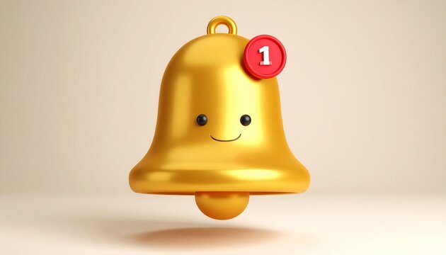 Cute Golden Bell with Notification Icon and Smiling Face.