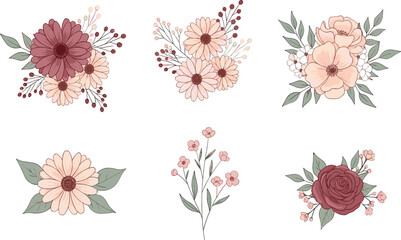 Elegant pastel floral bouquet collection with roses, wildflowers and leaves for wedding invitation, greeting card and decorative vector design © Jahangir
