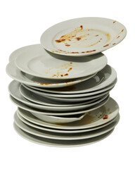 Stack of dirty white plates with brown food residue isolated on a transparent background
