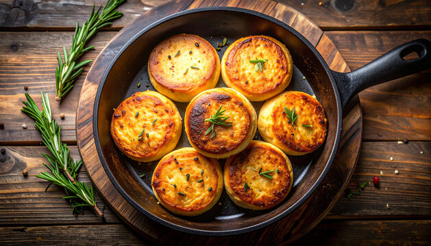 rustic bannock breads in cast iron skillet on wooden table