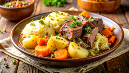 Traditional Jiggs Dinner with Salt Beef and Vegetables