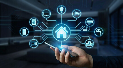 Obraz premium Hand Holding Smart Home Interface with Connected IoT Devices and Automation Technology
