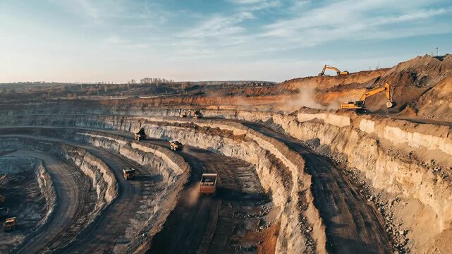 Vast open-pit mine with heavy machinery in operation during sunset light, showcasing industrial excavation
