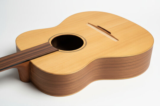 Unfinished classical acoustic guitar body showing wood grain and internal soundhole.