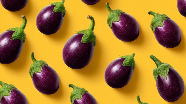 A bunch of purple eggplants are arranged in a pattern on a yellow background. The eggplants are all different sizes and are placed in various positions, creating a visually interesting