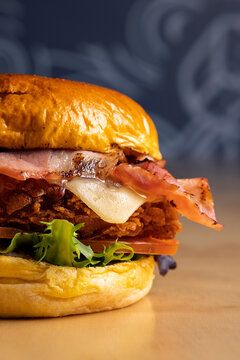 Crispy chicken burger with bacon and cheese