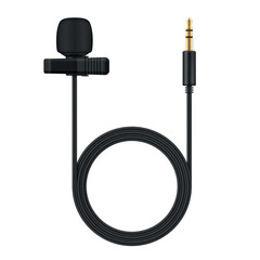 Illustration of a lavalier condenser microphone with cord, designed for clear sound capture during interviews, presentations or performances in various locations.