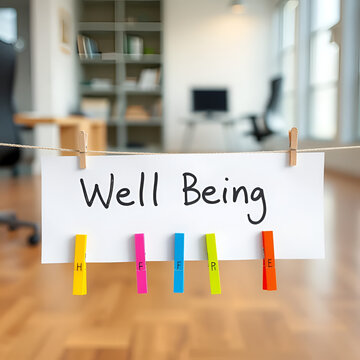 Word writing text Well Being. Business photo showcasing A good or satisfactory condition of existence including health Colored clothespin papers empty reminder wooden floor background office