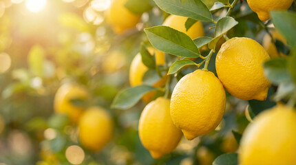 Gros plan sur des citrons jaunes m&ucirc;rs suspendus &agrave; des branches de citronnier dans un verger m&eacute;diterran&eacute;en baign&eacute; d'une lumi&egrave;re solaire &eacute;clatante