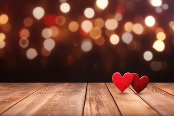 Fototapeta premium Two red heart shapes rest on a rustic wooden table with shimmering bokeh lights in the background