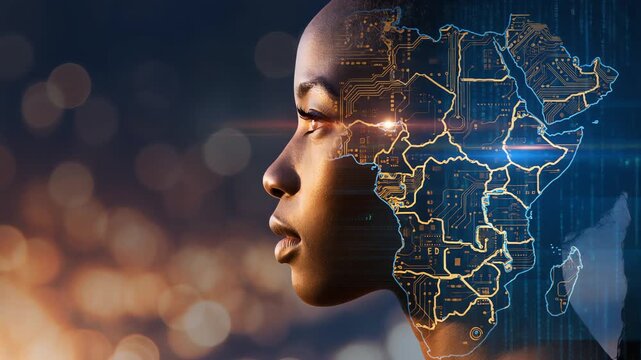 profile of African woman with glowing digital map of africa overlay