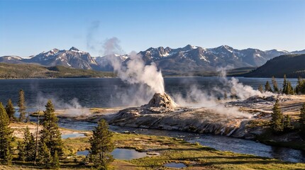 Yellowstone Geyser Eruption with Majestic Mountain and Lake Landscape

