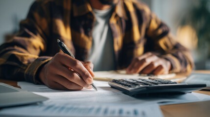 Person Calculating Expenses at Desk in Natural Light