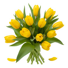 A vibrant bouquet of yellow tulips arranged in a beautiful floral display.
