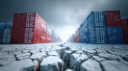 Fototapeta premium Stacked international shipping containers loom over severely fractured ground under a dramatic sky.